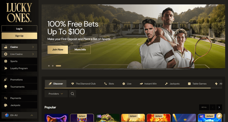 LuckyOnes Casino homepage and games selection